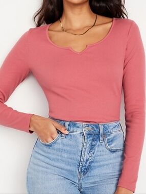 Rose Pink Long-Sleeve V-Neck Tee
